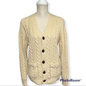 Vintage pure wool cream cable knit button front cardigan sweater